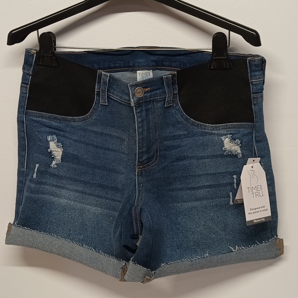 Maternity jean shorts side panel size M ( 8-10 ) Denim cotton blend Bermuda shor - Picture 1 of 16